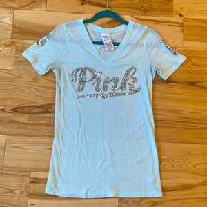 Victorias Secret Pink V neck Tee blue w/ silver size S